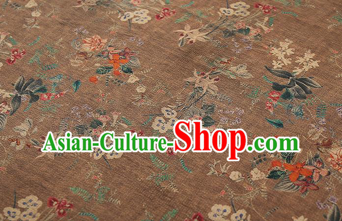 Chinese Classical Printing Flowers Gambiered Guangdong Gauze Traditional Qipao Dress Brown Silk Fabric
