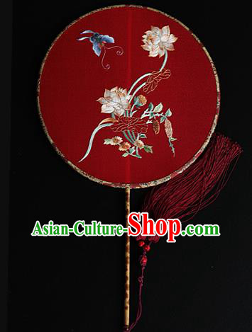 China Ancient Bride Red Silk Fan Handmade Embroidered Lotus Circular Fans Traditional Wedding Hanfu Palace Fan