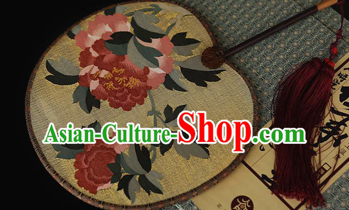 China Peony Pattern Yellow Silk Fan Traditional Hanfu Palace Fan Handmade Ebony Fans