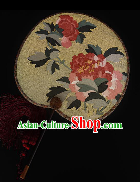 China Peony Pattern Yellow Silk Fan Traditional Hanfu Palace Fan Handmade Ebony Fans