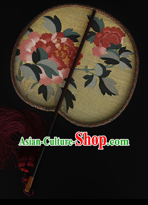 China Peony Pattern Yellow Silk Fan Traditional Hanfu Palace Fan Handmade Ebony Fans