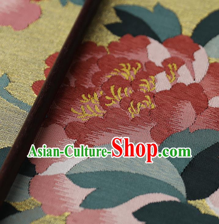China Peony Pattern Yellow Silk Fan Traditional Hanfu Palace Fan Handmade Ebony Fans