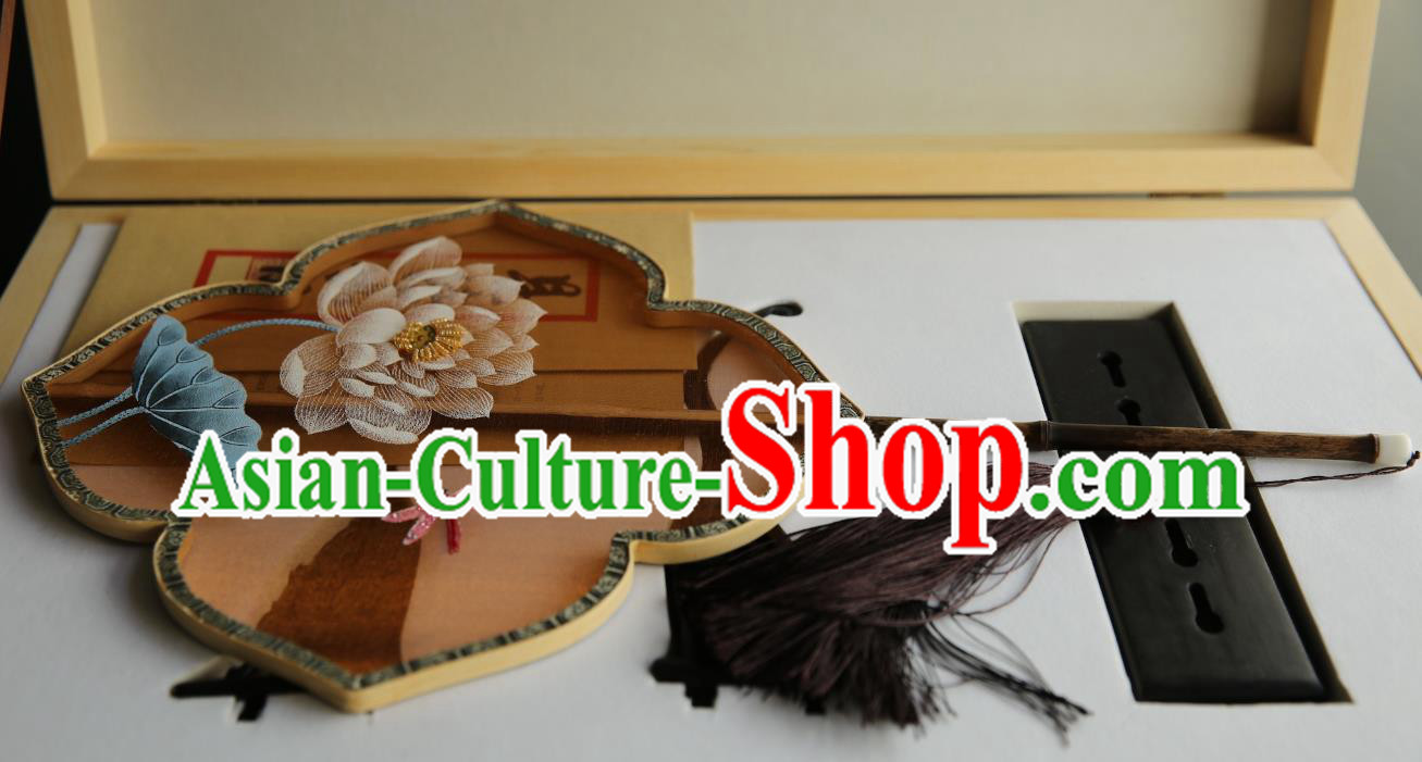 China Painting Lotus Orange Silk Fan Traditional Hanfu Palace Fan Handmade Ebony Fans