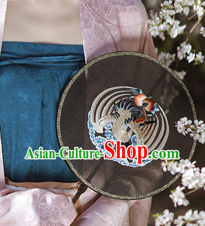China Traditional Hanfu Palace Fan Embroidered Crane Black Silk Fan Handmade Rosewood Circular Fans