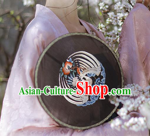 China Traditional Hanfu Palace Fan Embroidered Crane Black Silk Fan Handmade Rosewood Circular Fans
