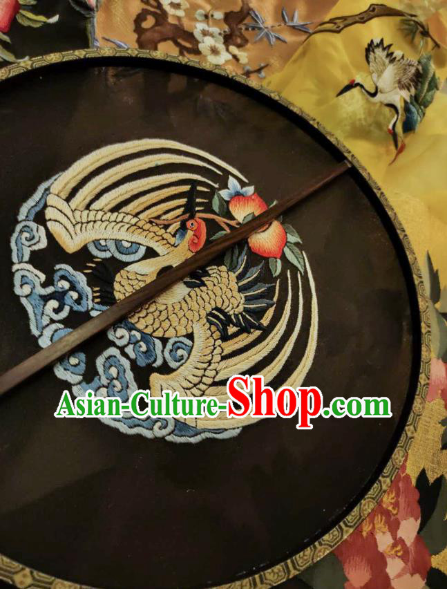 China Traditional Hanfu Palace Fan Embroidered Crane Black Silk Fan Handmade Rosewood Circular Fans