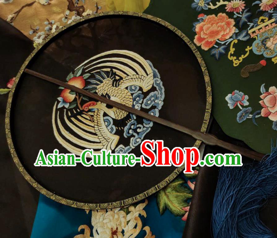 China Traditional Hanfu Palace Fan Embroidered Crane Black Silk Fan Handmade Rosewood Circular Fans