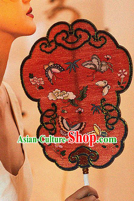 China Traditional Hanfu Red Silk Fan Handmade Butterfly Pattern Fans Wedding Palace Fan