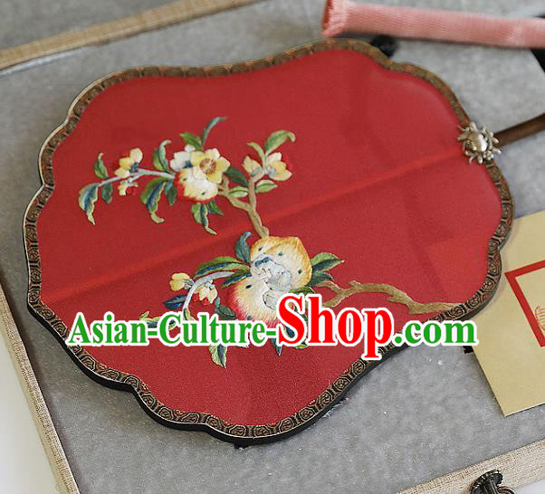 China Handmade Fans Traditional Hanfu Red Silk Fan Wedding Embroidered Peach Palace Fan