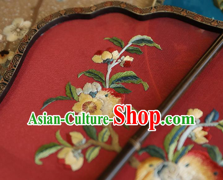China Handmade Fans Traditional Hanfu Red Silk Fan Wedding Embroidered Peach Palace Fan