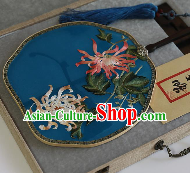 China Wedding Embroidered Chrysanthemum Palace Fan Handmade Fans Traditional Hanfu Blue Silk Fan