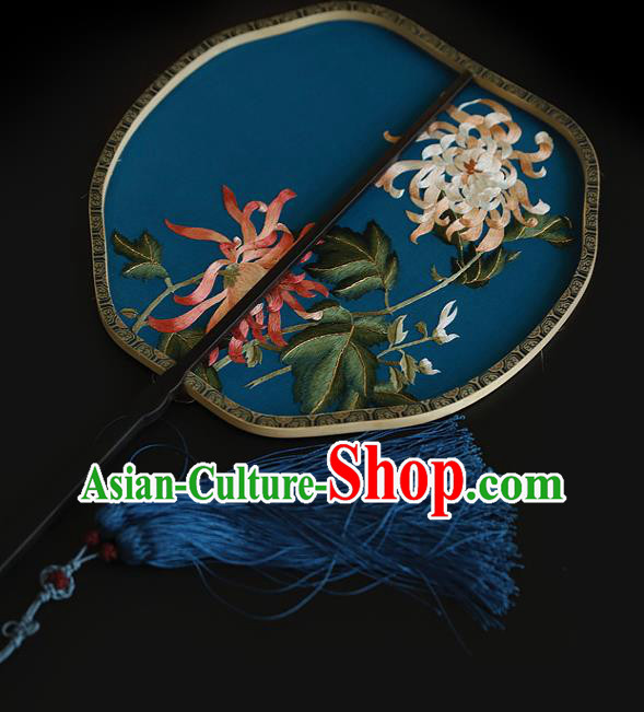 China Wedding Embroidered Chrysanthemum Palace Fan Handmade Fans Traditional Hanfu Blue Silk Fan