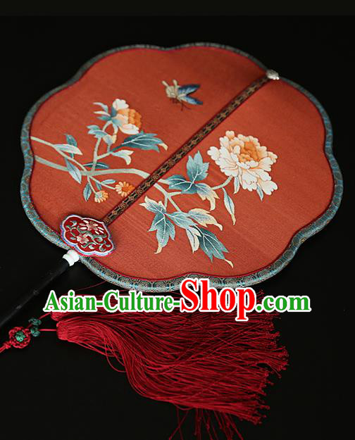 China Handmade Peony Pattern Palace Fan Wedding Red Silk Fan Traditional Court Hanfu Fan
