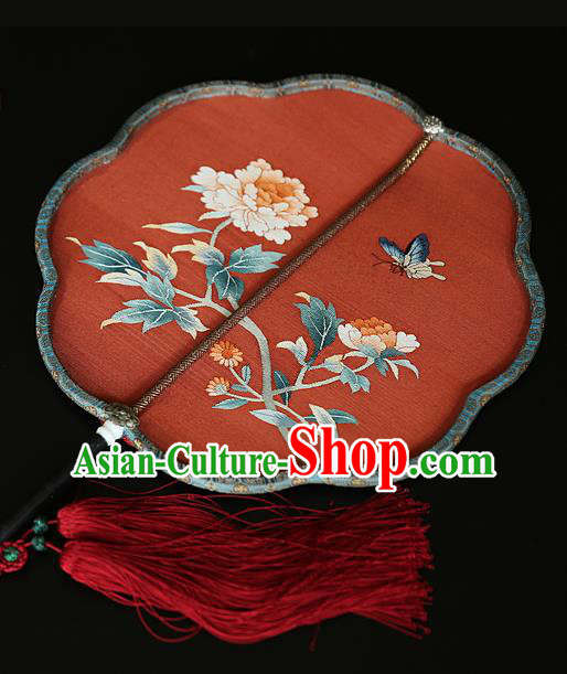 China Handmade Peony Pattern Palace Fan Wedding Red Silk Fan Traditional Court Hanfu Fan