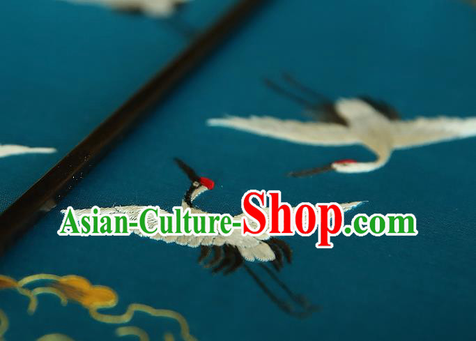 China Handmade Embroidered Cranes Palace Fan Traditional Court Hanfu Fan Wedding Blue Silk Fan