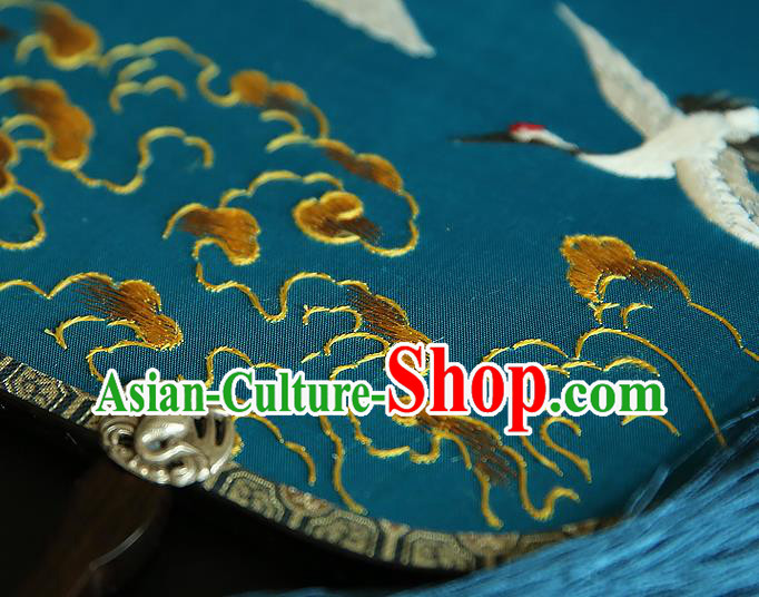 China Handmade Embroidered Cranes Palace Fan Traditional Court Hanfu Fan Wedding Blue Silk Fan