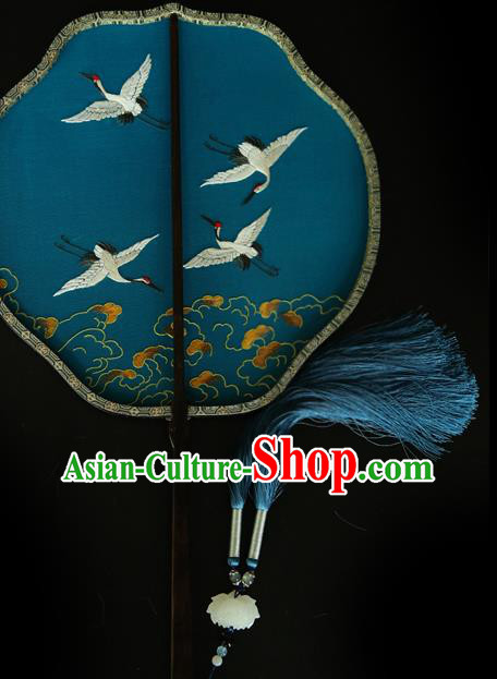China Handmade Embroidered Cranes Palace Fan Traditional Court Hanfu Fan Wedding Blue Silk Fan