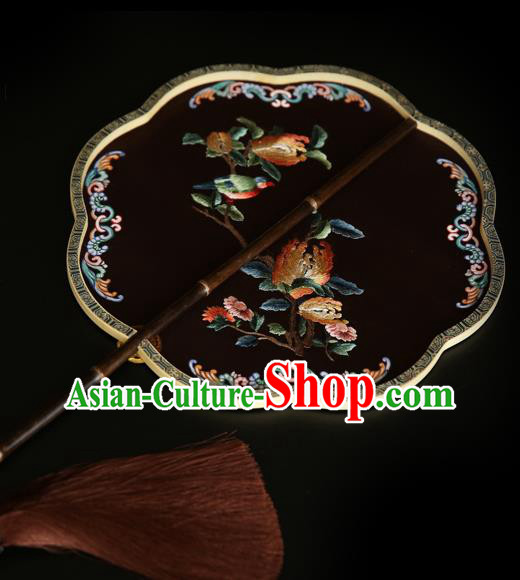 China Handmade Embroidered Chrysanthemum Palace Fan Traditional Court Hanfu Fan Wedding Black Silk Fan