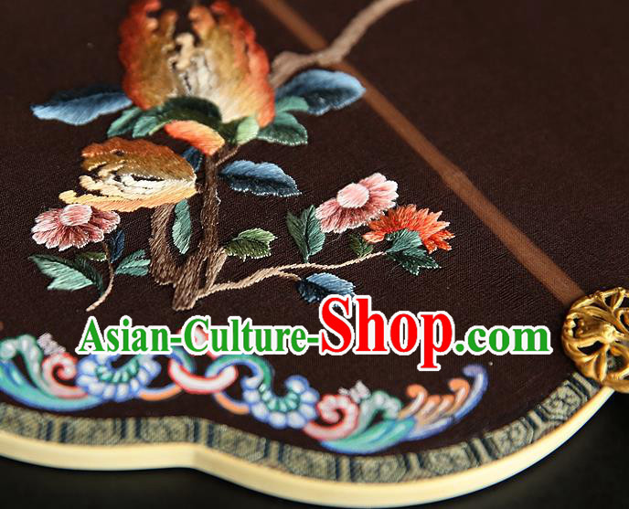 China Handmade Embroidered Chrysanthemum Palace Fan Traditional Court Hanfu Fan Wedding Black Silk Fan