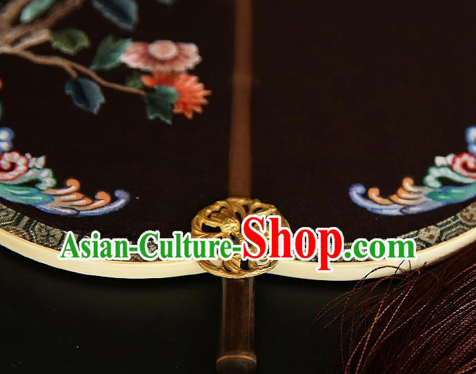 China Handmade Embroidered Chrysanthemum Palace Fan Traditional Court Hanfu Fan Wedding Black Silk Fan