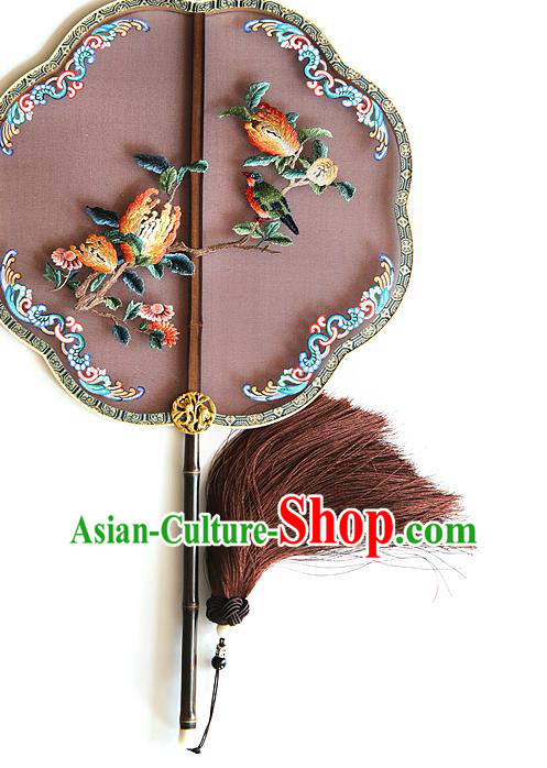 China Handmade Embroidered Chrysanthemum Palace Fan Traditional Court Hanfu Fan Wedding Black Silk Fan
