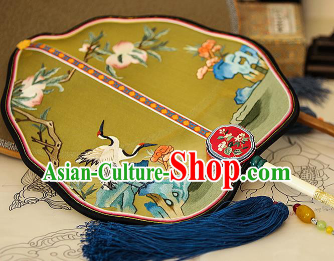 China Wedding Yellow Silk Fan Handmade Palace Fan Traditional Court Hanfu Embroidered Crane Fan