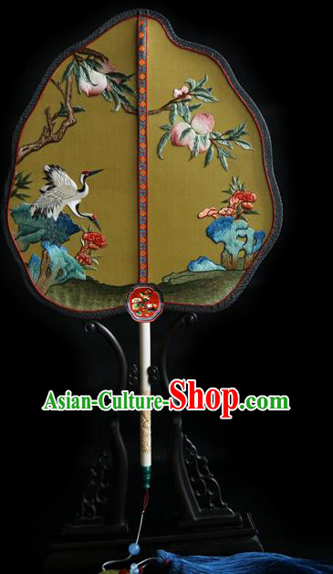China Wedding Yellow Silk Fan Handmade Palace Fan Traditional Court Hanfu Embroidered Crane Fan