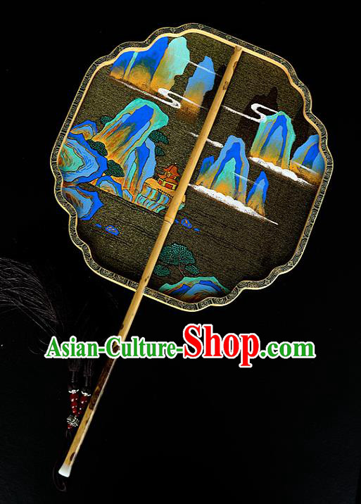 China Ancient Hanfu Palace Fan Traditional Wedding Black Silk Fans Handmade Landscape Painting Fan