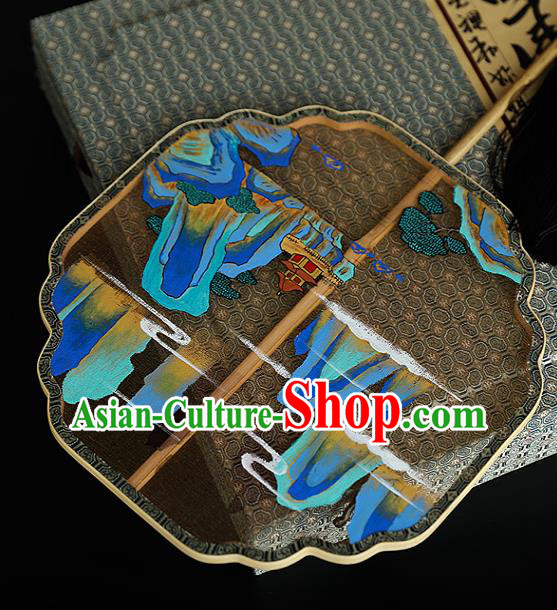 China Ancient Hanfu Palace Fan Traditional Wedding Black Silk Fans Handmade Landscape Painting Fan