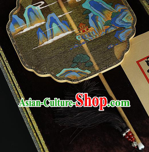China Ancient Hanfu Palace Fan Traditional Wedding Black Silk Fans Handmade Landscape Painting Fan