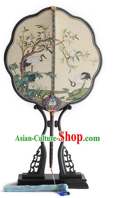 China Kesi Wedding Fan Traditional Hanfu Silk Fan Handmade Crane Peach Pattern Palace Fan