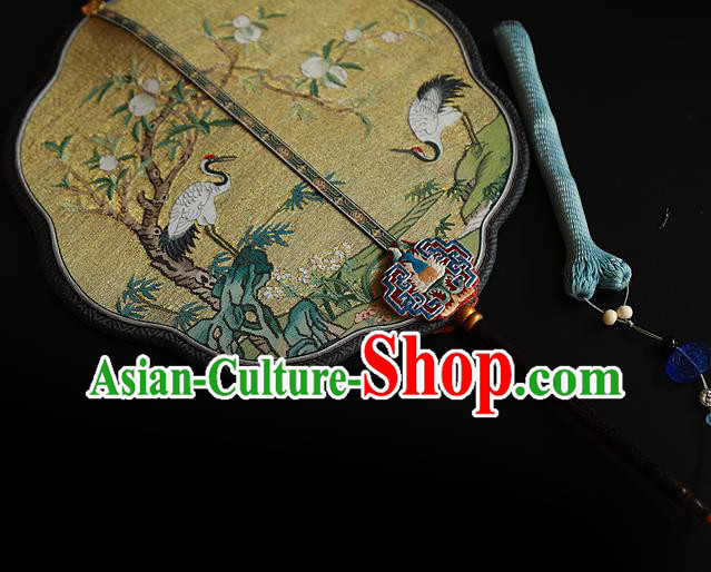 China Kesi Wedding Fan Traditional Hanfu Silk Fan Handmade Crane Peach Pattern Palace Fan