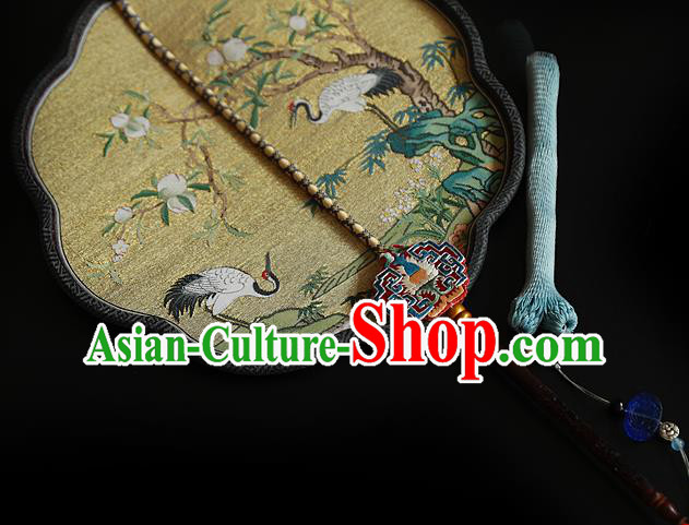 China Kesi Wedding Fan Traditional Hanfu Silk Fan Handmade Crane Peach Pattern Palace Fan