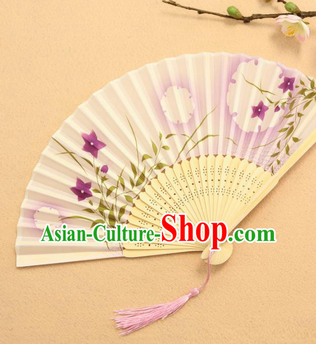 China Traditional Printing Primrose Fan Accordion Classical Folding Fan Silk Fans