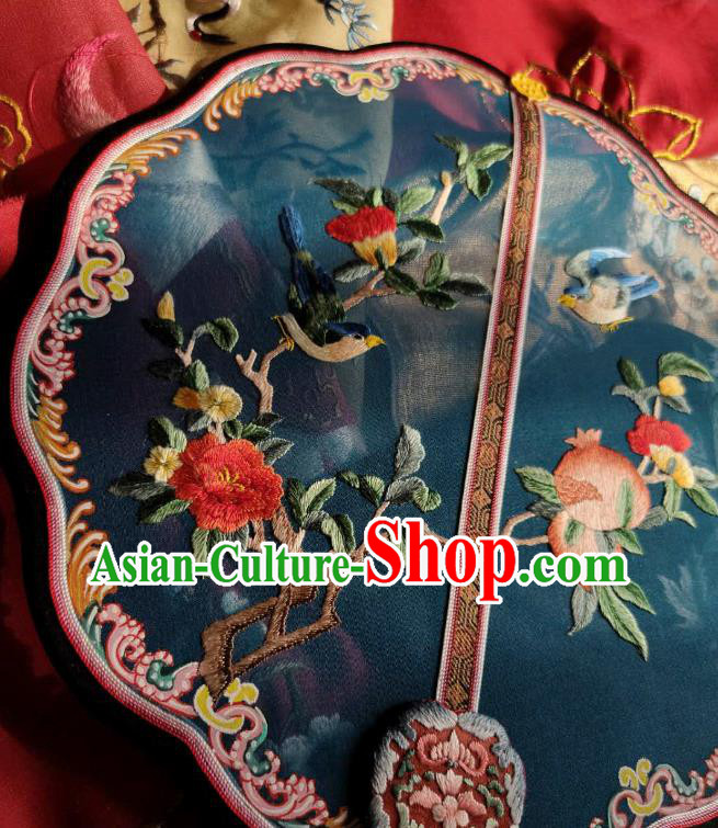 China Traditional Court Hanfu Fan Handmade Embroidered Pomegranate Palace Fan Wedding Blue Silk Fan