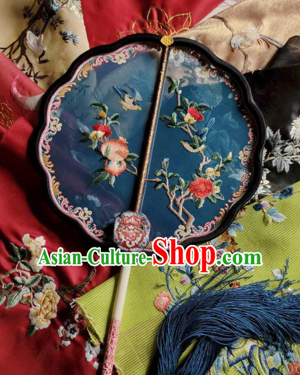 China Traditional Court Hanfu Fan Handmade Embroidered Pomegranate Palace Fan Wedding Blue Silk Fan