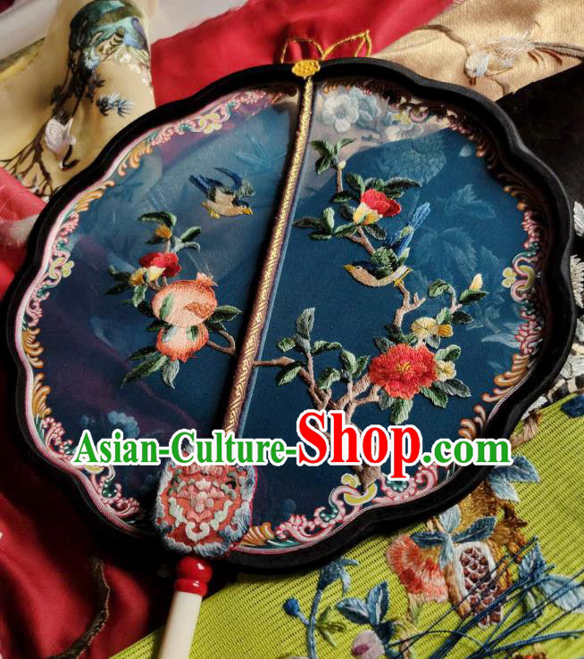 China Traditional Court Hanfu Fan Handmade Embroidered Pomegranate Palace Fan Wedding Blue Silk Fan