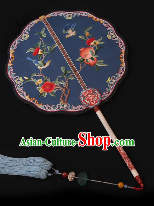 China Traditional Court Hanfu Fan Handmade Embroidered Pomegranate Palace Fan Wedding Blue Silk Fan
