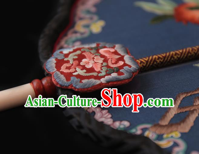 China Traditional Court Hanfu Fan Handmade Embroidered Pomegranate Palace Fan Wedding Blue Silk Fan