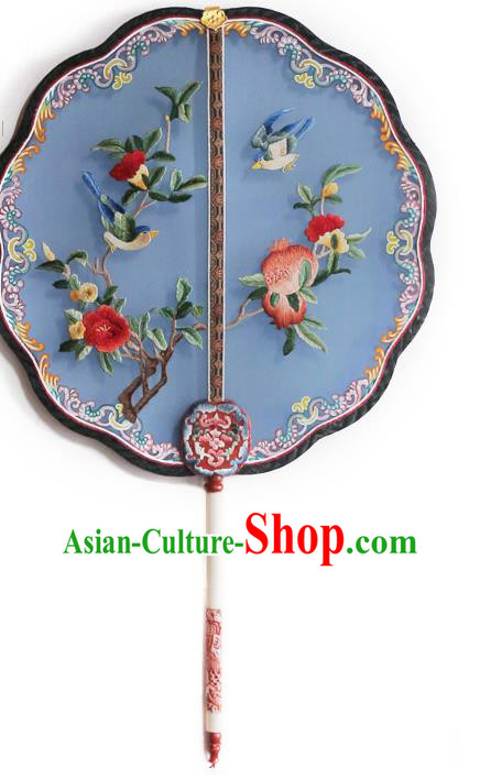 China Traditional Court Hanfu Fan Handmade Embroidered Pomegranate Palace Fan Wedding Blue Silk Fan