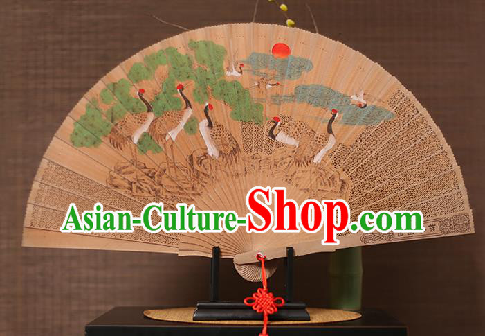 China Printing Cranes Folding Fan Classical Wood Carving Fan Traditional Sandalwood Accordion