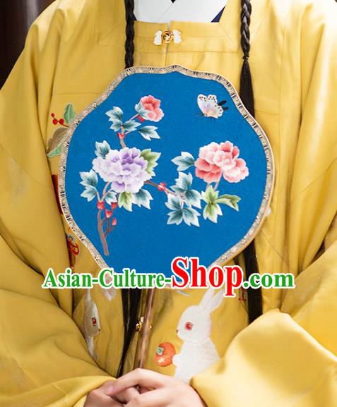 China Embroidered Peony Fan Traditional Blue Silk Fans Ancient Hanfu Palace Fan