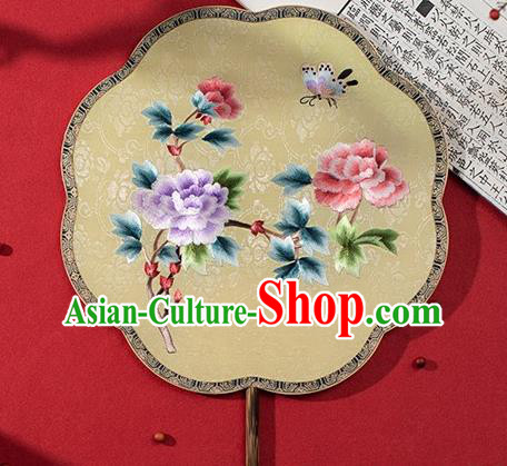 China Traditional Hanfu Yellow Silk Fans Embroidered Peony Fan Ancient Noble Lady Palace Fan