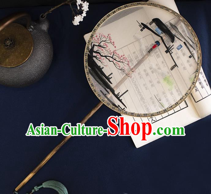 China Traditional Hanfu Mottled Bamboo Circular Fan Handmade Suzhou Embroidered Silk Fans Ancient Palace Fan