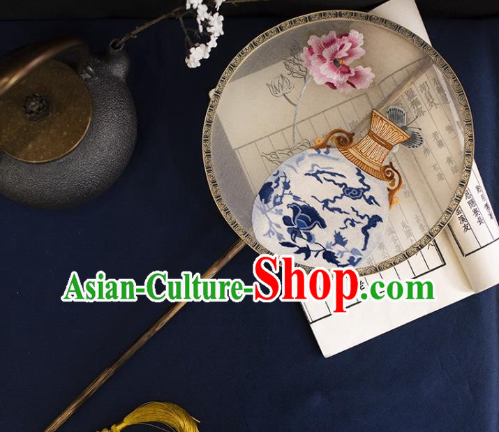 China Ancient Palace Fan Traditional Hanfu Mottled Bamboo Circular Fan Handmade Suzhou Embroidered Vase Silk Fans
