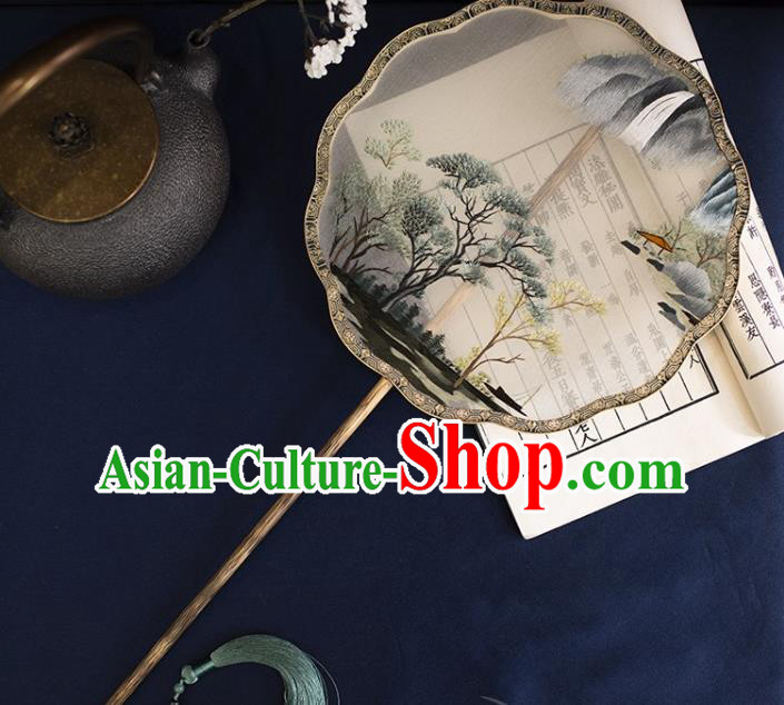 China Traditional Palace Fan Handmade Suzhou Embroidered Landscape Silk Fans Hanfu Mottled Bamboo Circular Fan