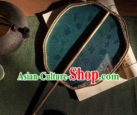 China Handmade Song Dynasty Hanfu Bamboo Circular Fan Traditional Peacock Blue Silk Palace Fan