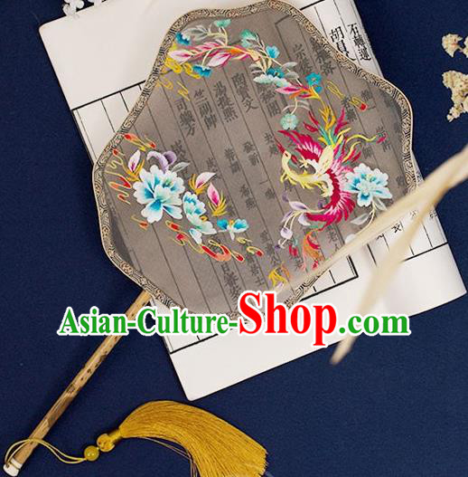 China Classical Hanfu Bamboo Palace Fan Traditional Grey Silk Fan Handmade Embroidered Phoenix Peony Court Fan