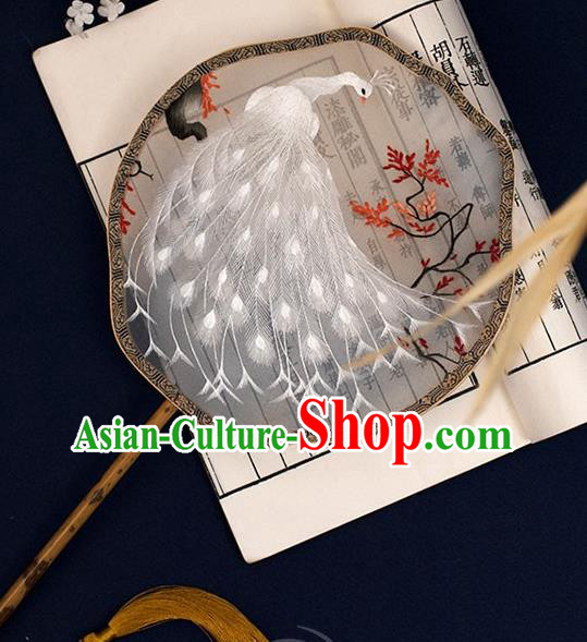 China Traditional Grey Silk Fan Classical Hanfu Bamboo Palace Fan Handmade Embroidered White Peacock Court Fan