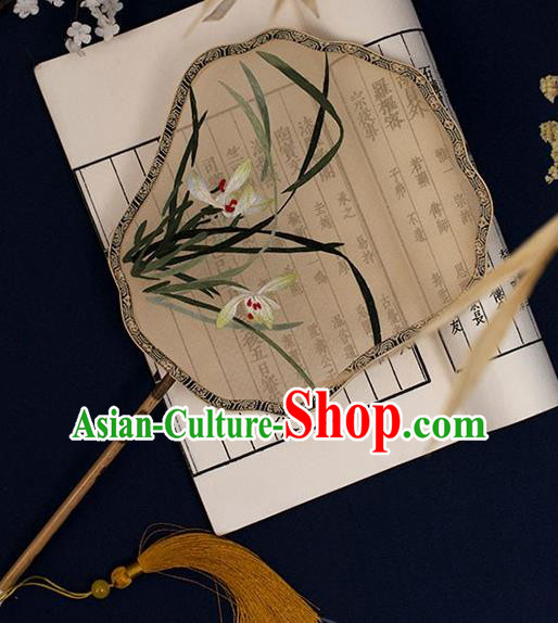 China Traditional Silk Fan Classical Hanfu Bamboo Fan Handmade Embroidered Orchids Palace Fan